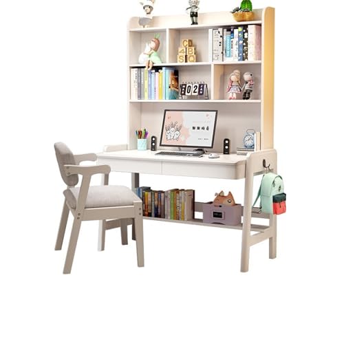 BOKNI Desktop-Computertisch aus massivem Holz mit Bücherregal, ideal für das Heimbüro oder Schüler (Farbe: Weiß + Stuhl A, Größe: 120 x 60 x 193 cm) von BOKNI