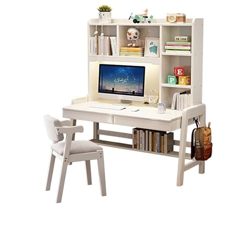BOKNI Schreibtisch aus Massivholz mit integriertem Bücherregal, perfekt zum Schreiben und Rechnen (Farbe: Weiß + Stuhl A, Größe: 100 x 60 x 158 cm) von BOKNI