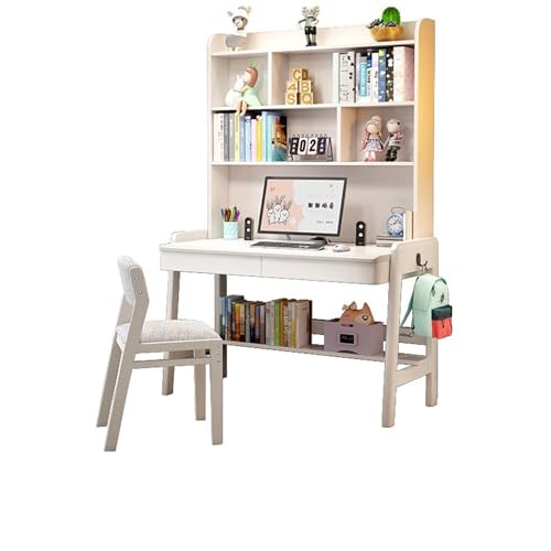 Desktop-Computertisch aus massivem Holz mit Bücherregal, ideal für das Heimbüro oder Schüler (Farbe: Weiß + Stuhl B, Größe: 120 x 60 x 193 cm) von BOKNI