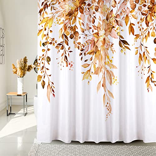 BOLIYVAN Orangefarbener Eukalyptus-Duschvorhang für Badezimmer, 90 cm-180 cm, Herbstblätter, Badvorhang, orangefarbene Blumen-Duschvorhänge, wasserdichter Pflanzen-Badezimmer, Duschvorhang von BOLIYVAN