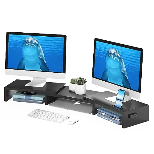 BONTEC Dual Monitor Stand Riser, Desktop Monitorständer mit Smartphone-Halter, Verstellbare Länge und Schwenkwinkel Holz Desktop Organizer, für PC Monitor Laptop Drucker von BONTEC