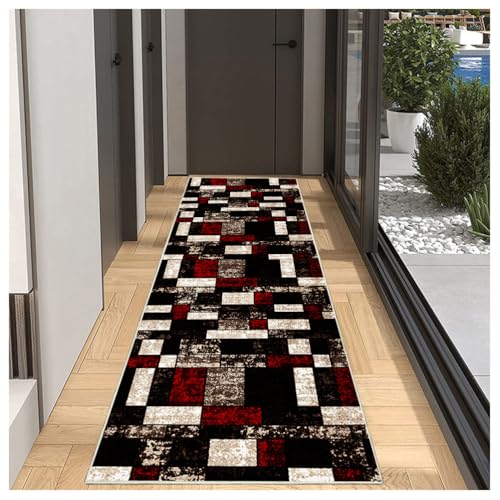 BORKOY Läufer Teppich Flur Küche 90x150cm Schwarz Rot Geometrisch Rutschfester waschbarer Küchenläufer Korridor Teppichläufer, Moderner Flurläufer für Schlafzimmer Wohnzimmer, Meterware Anpassbar BORKOY Läufer Teppich Flur Küche 90x150cm Schwarz Rot Geometrisch Rutschfester waschbarer Küchenläufer Korridor Teppichläufer, Moderner Flurläufer für Schlafzimmer Wohnzimmer, Meterware Anpassbar von BORKOY