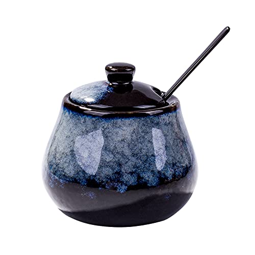 Keramik-Zuckerschalen für Zuckergewürze, Zuckerdose mit Deckel und Löffel für Zuhause und Küche (blau-grau) von BOSILI