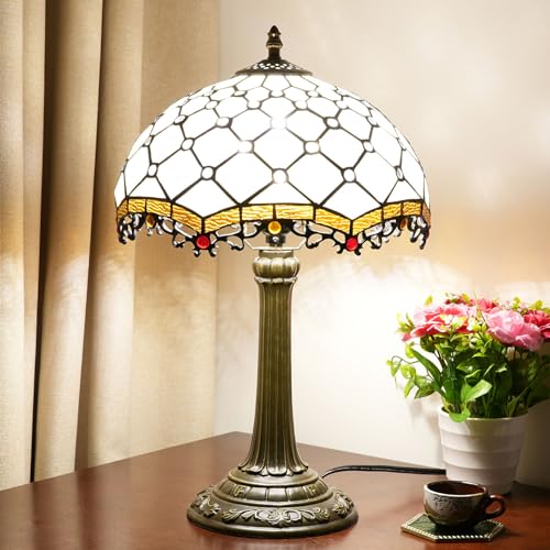 Tiffany Stil Tischlampe Bänker Juwelen Perlen 19" hoch Buntglas Vintage Licht Nachttisch Lesen Schreibtisch Lichter Home Deco Wohnzimmer Schlafzimmer Büro Handmade Geschenk,White 2 von BOTOWI