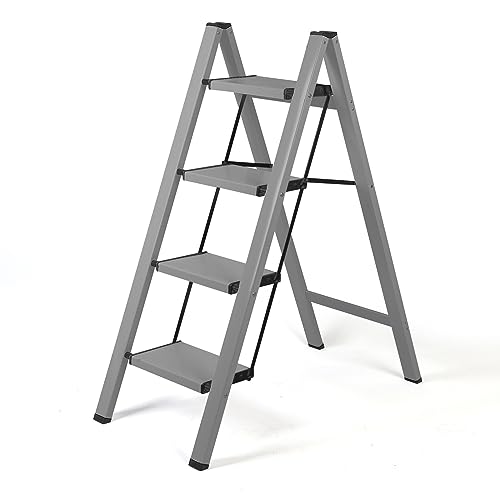 BOWEITI Trittleiter, Leiter Klappleiter, tragbare leichte Aluminium Sicherheits Stehleiter, Anti-Rutsch-Pedal Bis 330 Lbs Stufenleiter (Gray 4 Step) von BOWEITI