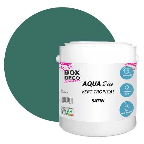 BOX DECO COULEURS Aqua Déco Acrylfarbe, Satin-Optik, 2,5 l/25 m², tropisches Grün von BOX DECO COULEURS