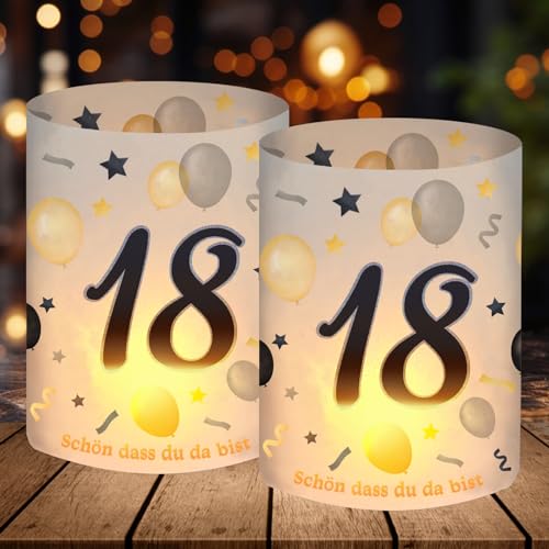 12 Windlicht Tischdeko 18 Geburtstag, Deko 18. Geburtstag Junge Mädchen, Geburtstagsdeko 18, Schön DASS Du Da Bist, 18 Jahre Happy Birthday Tischdeko Schwarz Gold, für Teelichter oder Kerzen von BOYATONG