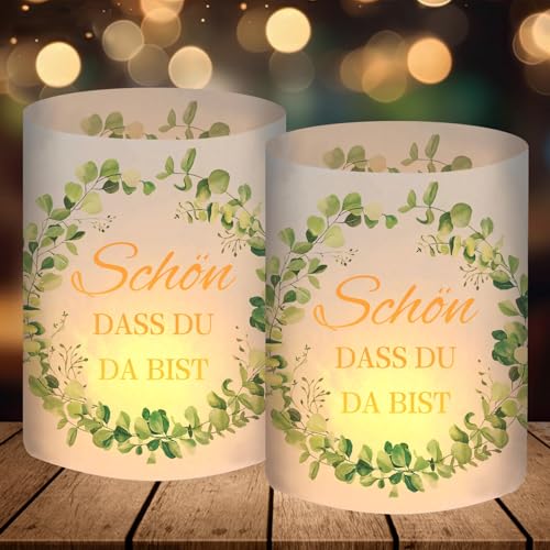 12 Windlicht Tischdeko Geburtstag, Hochzeit, Taufe, Kommunion, Konfirmation, Schön DASS Du Da Bist, Eukalyptus Grün Deko Party für Frau Mann Mädchen Junge, Geeignet für Teelichter oder Kerzen von BOYATONG