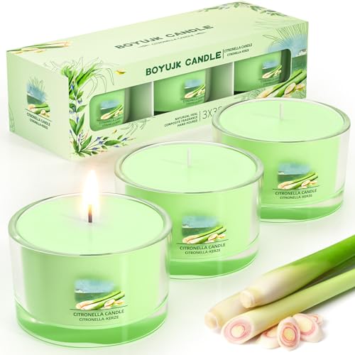 Citronella Kerze Outdoor - Natürliche Sojawachs Kerzen 3er Set mit Citronella Duft für Garten, Camping, Picknicks, Balkon, Terrasse - 12 Stunden Brenndauer pro Kerze von BOYUJK