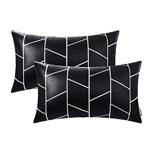 BRAWARM Kunstleder-Kissenbezüge, 30,5 x 50,8 cm, schwarz und weiß, Leder, Lendenkissenbezüge, geometrische Stickerei, Leder, dekorative Wurfkissen für Wohnzimmer, Couch, Bett, Sofa, Zuhause, 2 Stück von BRAWARM