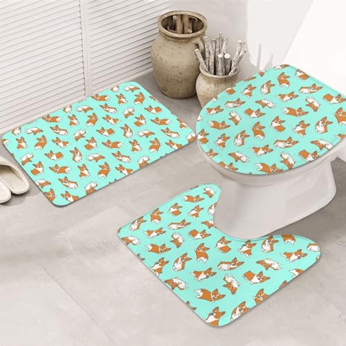 Corgi Niedlicher Hund rutschfeste Bodenmatte, Badezimmermatten-Set, 3-teiliges Teppich-WC-Deckelbezug, Bodenmatte, rutschfeste Matte von BREAUX