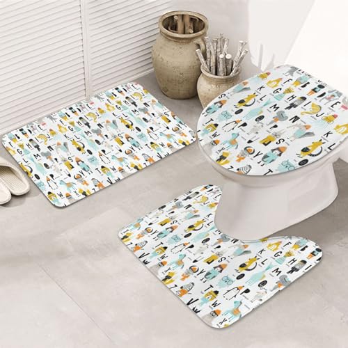 Niedliche Cartoon-Tier-Alphabet-rutschfeste Bodenmatte, Badezimmermatten-Set, 3-teiliges Teppich-WC-Deckelbezug, Bodenmatte, rutschfeste Matte von BREAUX