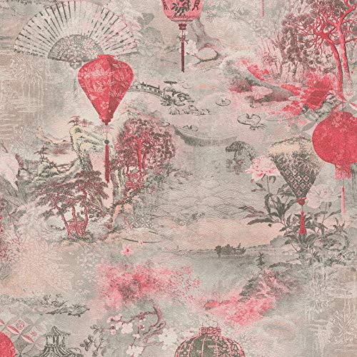 Vintage Tapete im chinesischen Stil | Asiatische Vinyl Tapete mit Lampions und Fächern | Landschaft Wandtapete in Grau und Pink für Schlafzimmer von BRICOFLOR