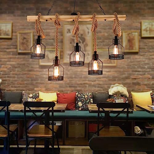 BRIMETI Vintage Pendelleuchte Holz Esstischlampe Retro Hängeleuchte 5 x E27 max. 40W Schwarz Hängelampe Industrial Pendellampe für Esszimmer Küche Wohnzimmer Bar Restaurant ohne Leuchtmittel von BRIMETI