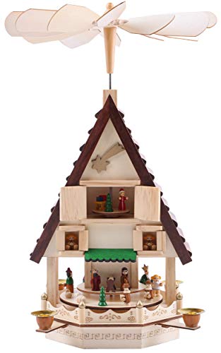 BRUBAKER Weihnachtspyramide Adventshaus 49 cm - Weihnachtskrippe auf 4 Etagen - Kerzenpyramide mit 4 Kerzenhaltern aus Metall - Holz Natur - handbemalte Figuren von BRUBAKER