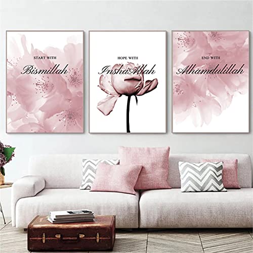 Bismillah islamischer Leinwanddruck rosa Blume muslimische Zitate Poster arabische Kalligraphie Malerei Wandkunst Bilder Wohnzimmer Heimdekoration ohne Rahmen von BRoleo