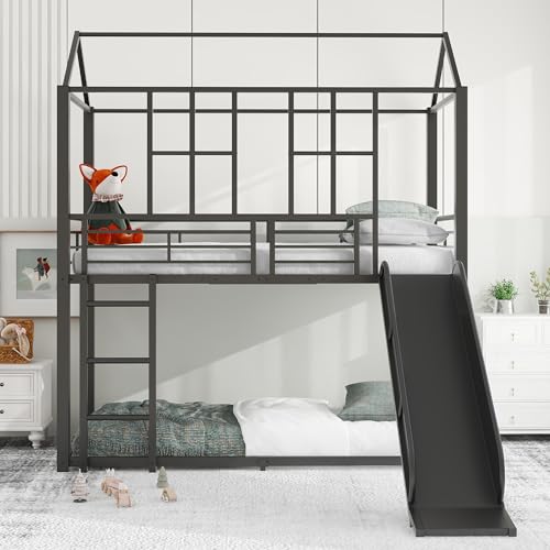 BSFANN 90 * 200 cm Metallbett, Hochbett mit Rutsche und Treppe, Etagenbett mit Hausform, Eisenbett mit Fallschutz und Lattenrost, Geeignet für Kinder, Jugendliche und Erwachsene von BSFANN