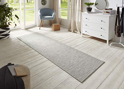 BT Carpet Nature Läufer In- und Outdoor – Schlingen Küchenläufer rutschfest Flachgewebe Kurzflor Woll-Optik Fineloop Küchenteppich für Flur, Garten, Terrasse, Badezimmer – Creme Grau, 80x150cm von BT Carpet