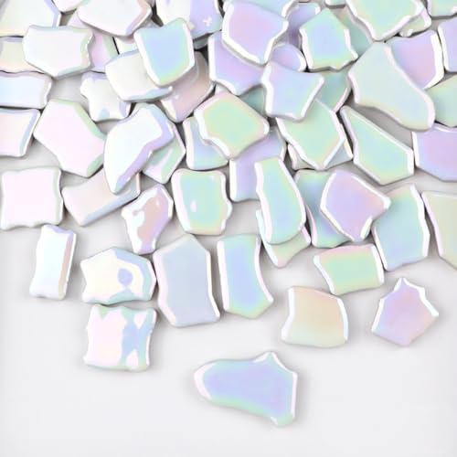 BTMIEY Unregelmäßige Keramik-Mosaikfliesen, 500 g, 2–4 cm, Mosaiksteine, Steine für DIY-Mosaikherstellung, Handwerk, Hobby, Kunst, Heimdekoration (schillerndes Weiß) von BTMIEY