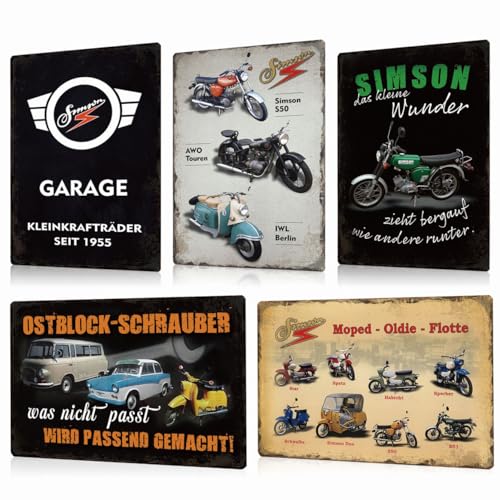 BUABUAMAR 5PC Blechschilder Set Simson Garage - DDR Nostalgie Motorrad Metallschild - Retro Schild Wanddeko Geschenke 20x30cm von BUABUAMAR