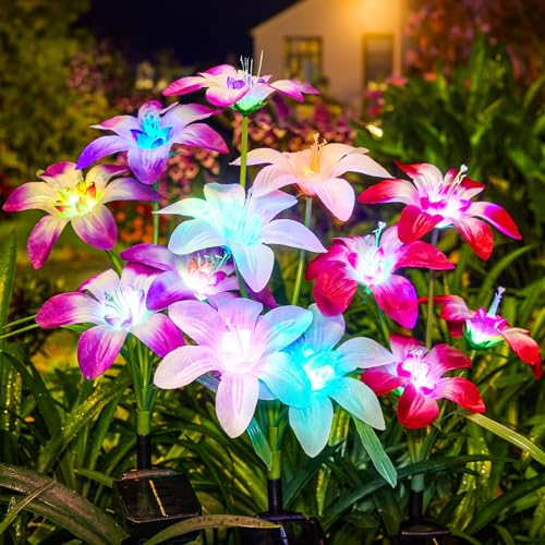 BUCASA Solarlampen für Außen Garten, 4 Stück Upgarded Solarleuchten für Außen mit Blühende 16 Lily Blumen, IP65 Wasserdicht Solarleuchten Garten Deko mit Farbig Licht für Terrasse, Rasen, Balkon, Hof von BUCASA