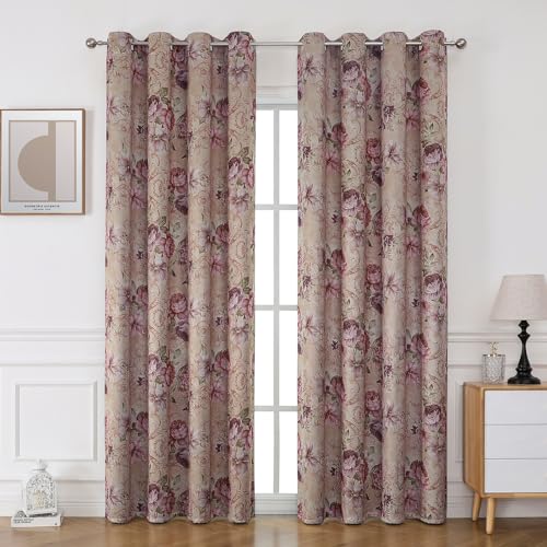 BUHUA 2er-Set Blickdicht Vorhänge mit Blumen Vintage Vorhang Rural Gardinen Ösenvorhang Elegante Verdunkelung für Schlafzimmer Wohnzimmer, H 225 x B 132 cm, Lila Pink von BUHUA