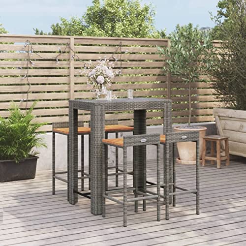 BULANED 5-TLG. Gartenbar-Set, Outdoor Möbel Wetterfest, Bartisch Set, Gartenmöbel Set, Gartenbar Outdoor, Outdoor Bar, Gartengarnitur, Grau Poly Rattan & Massivholz Akazie von BULANED