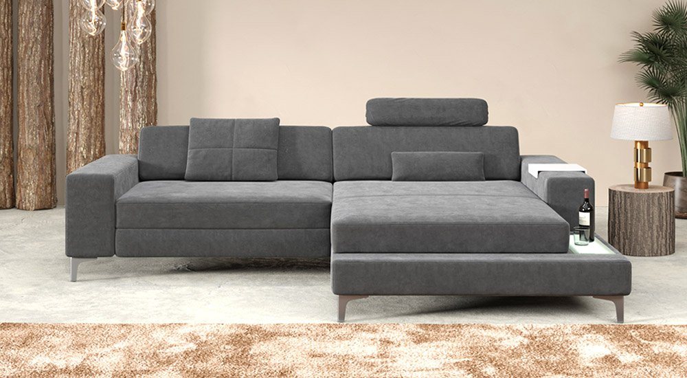 BULLHOFF Ecksofa Designsofa Ecksofa »MÜNCHEN IV« Eckcouch L-Form Sofa LED Couch Wohnlandschaft grau XXL Ottomane von BULLHOFF