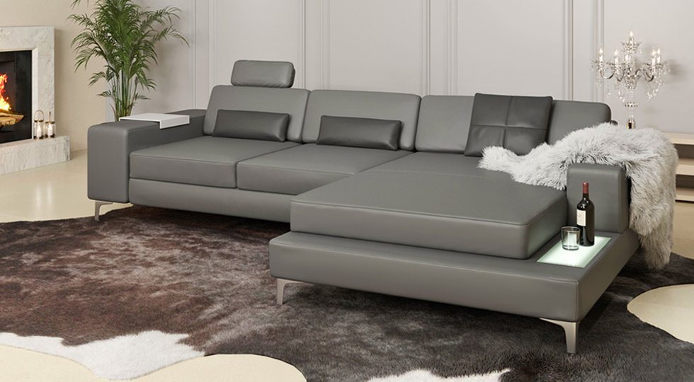 BULLHOFF Ecksofa Ledercouch Wohnlandschaft Leder Ecksofa Designsofa Eckcouch L-Form LED Couch Leder Sofa XXL anthrazit weiss grau »MÜNCHEN III« von BULLHOFF von BULLHOFF