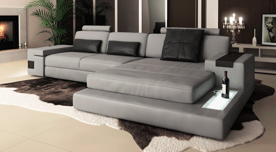 BULLHOFF Ecksofa Wohnlandschaft Leder Ecksofa Designsofa Eckcouch L-Form LED Leder Sofa Couch XL hell grau »HAMBURG III« von BULLHOFF, Made in Europe, das "ORIGINAL" von BULLHOFF