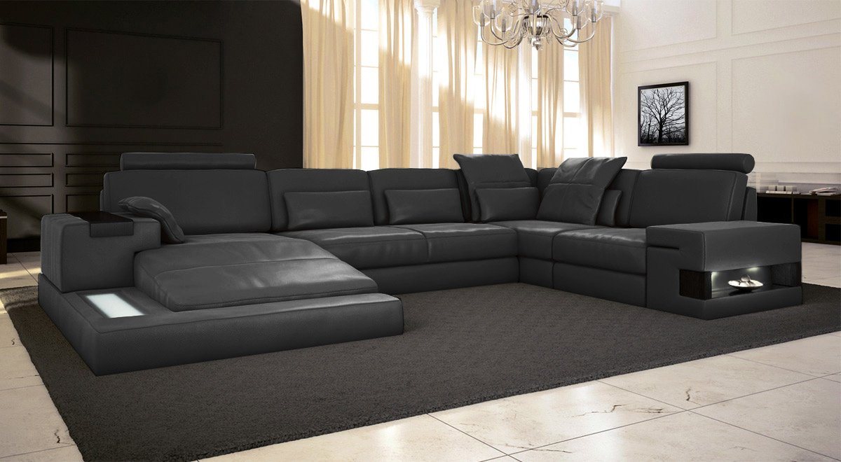 BULLHOFF Wohnlandschaft Wohnlandschaft Leder XXL Designsofa Eckcouch U-Form LED Leder Sofa Couch XL Ecksofa grau schwarz »HAMBURG« von BULLHOFF, Made in Europe, das "ORIGINAL" von BULLHOFF