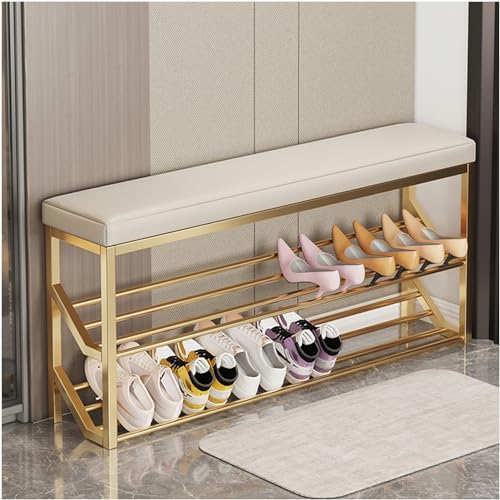 BUXTOM Schuheingangsbank,2-stöckige Schuhbank mit Sitz, Eingangsbank, Aufbewahrungsregale aus Metall, Schuhständer, Schuhregal-Organizer für den Flur,Gold+Off White,60cm von BUXTOM