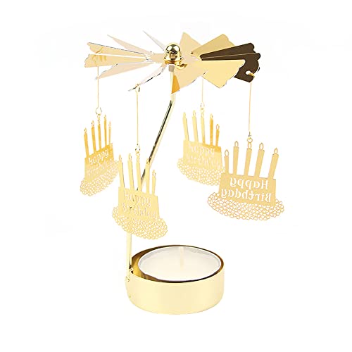 BYNYXI Happy Birthday Teelicht Karussell Drehbare Teelichthalter Gold Teelichtglas Rotierender Kerzenhalter Schneeflocke Eisen Metall Karussell Windlichthalter für Hochzeit Bar Party Tisch, 13cmx8cm von BYNYXI