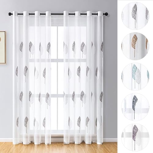 2er-Set Vorhang Blätter Stickerei mit Ösen, Voile, Blumen Gardinen,130x160cm,Grau 2er-Set Vorhang Blätter Stickerei mit Ösen, Voile, Blumen Gardinen,130x160cm,Grau von BYSURE
