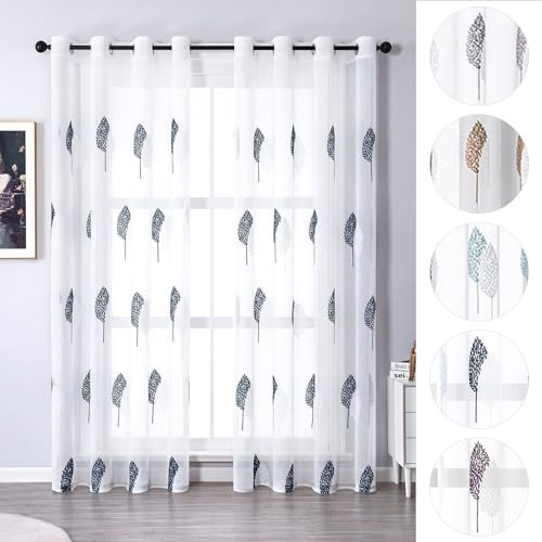 2er-Set Vorhang Blätter Stickerei mit Ösen, Voile, Blumen Gardinen,140x225cm,Blau 2er-Set Vorhang Blätter Stickerei mit Ösen, Voile, Blumen Gardinen,140x225cm,Blau von BYSURE