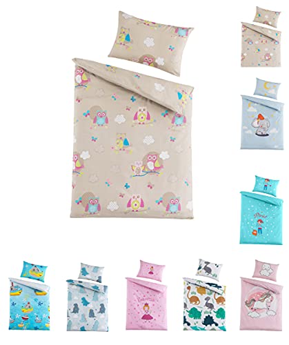 Kinder Baby Bettwäsche Set für Mädchen und Jungen | 100x135 cm + 40x60 cm | 100% Baumwolle Renforcé | Reißverschluss | Eule |Creme – beige von BaSaTex