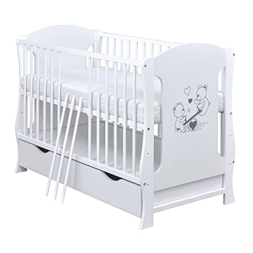 Baby Delux Babybett Kinderbett Juniorbett umbaubar Weiß 120x60 Lia Motiv Schublade Matratze (mit Kokos-Buchweizen Matratze 9cm) von Baby Delux