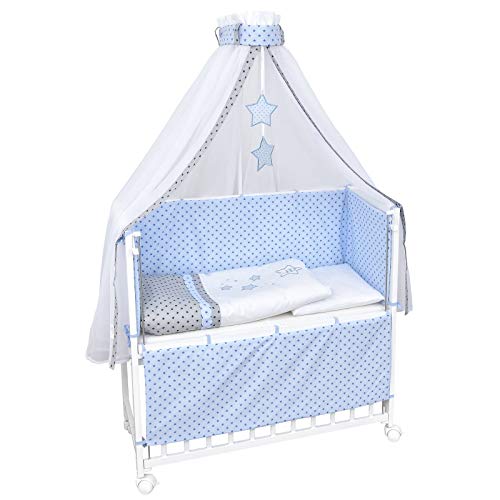 Baby Delux Beistellbett Babybett Stubenwagen weiß 90x40 mobil mit Rädern inkl. Matratze Bettwäsche Set (Magic Stars Blau) von Baby Delux