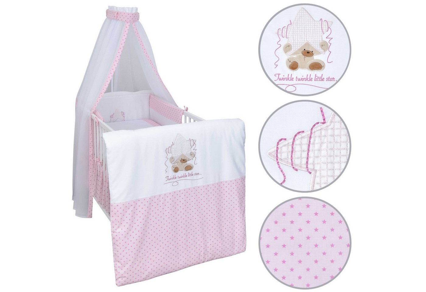 Babybettwäsche Baby Bettwäsche Set 4-Tlg. Nestchen Chiffonhimmel, Baby-Delux, Baumwolle, 4 teilig, Bettset für Babybetten 140x70 & 120x60 verschiedene Designs von Baby-Delux