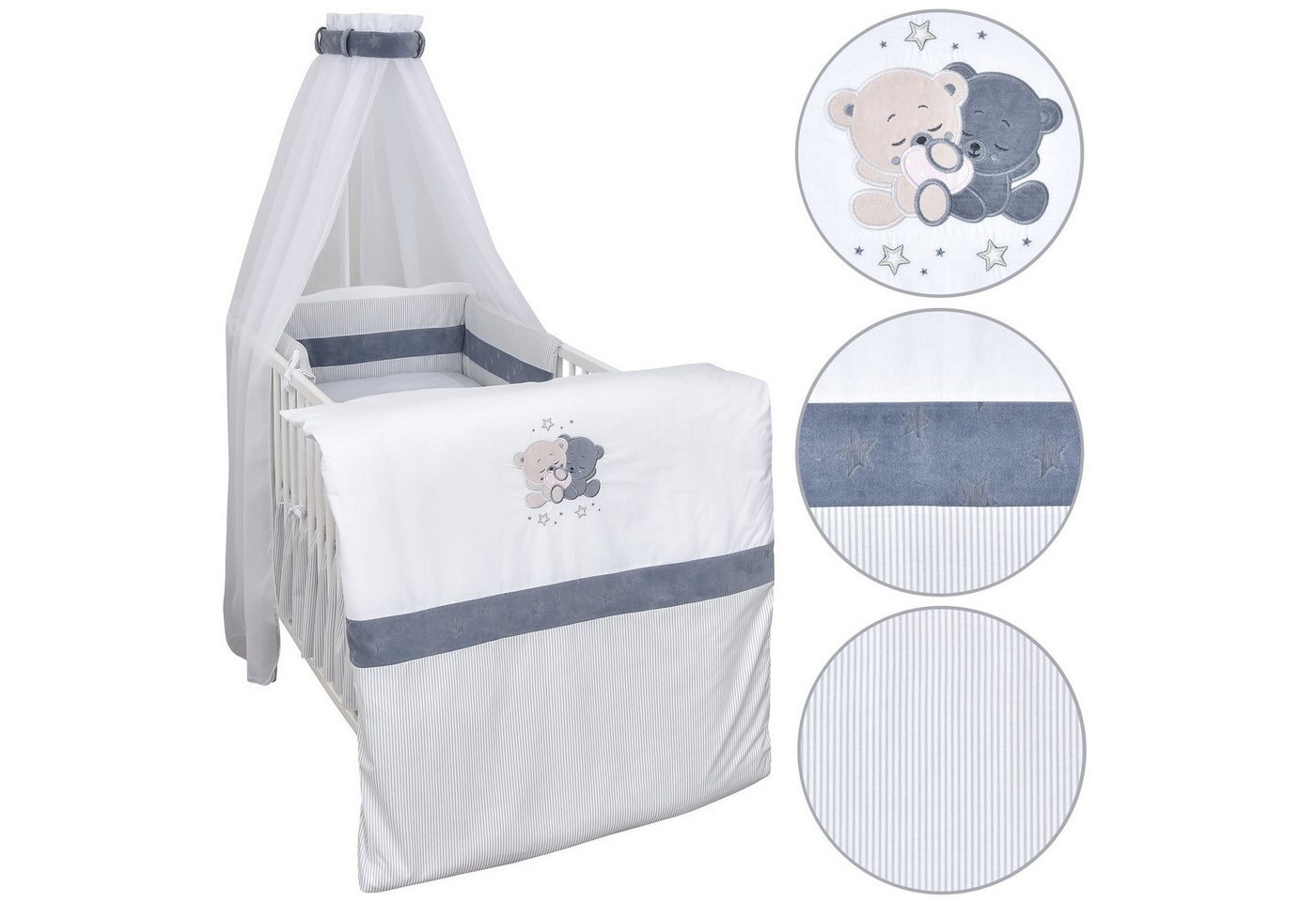 Babybettwäsche Baby Bettwäsche Set 4-Tlg. Nestchen Chiffonhimmel, Baby-Delux, Baumwolle, 4 teilig, Bettset für Babybetten 140x70 & 120x60 verschiedene Designs von Baby-Delux