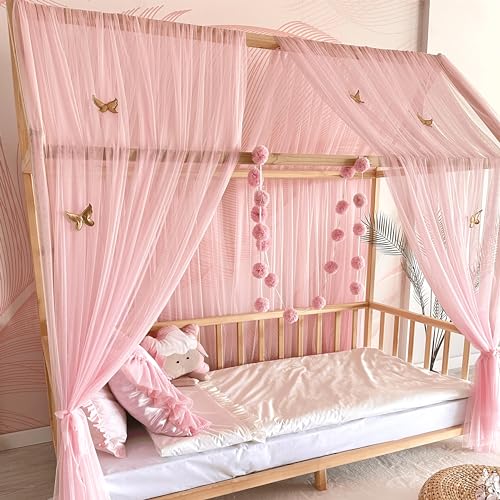 Baby Fancyroom Hausbett Himmel rosa Betthimmel Deko Set Kinderzimmer Kinderbett Baldachin Pompongirlande aus Premium Tüll für Hausbetten (340cm, mit 5 goldenen Schmetterlingen) von Baby Fancyroom