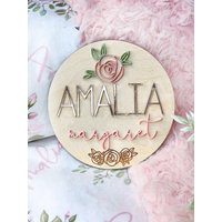 Rose Baby Mädchen Namensschild Floral Holz 3D Namensankündigungsschild Kinderzimmer Neugeborenen Foto Prop Krankenhaus Plakette Größen 5.5 & 11.5 von BabySquishyCheeks