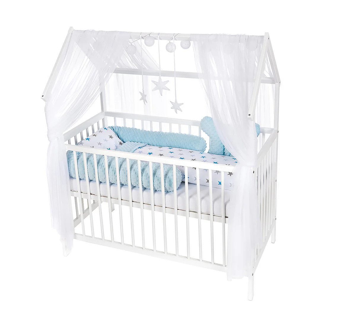 Babyhafen Babybett Hausbett Kinderbett 120x60 Matratze Minky Bettset Sterne Rosa Blau, Komplettbettset von Babyhafen