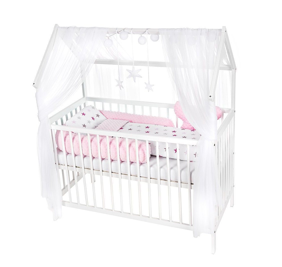 Babyhafen Babybett Hausbett Kinderbett 120x60 Matratze Minky Bettset Sterne Rosa Blau, Komplettbettset von Babyhafen