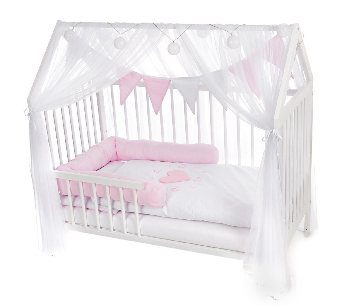 Babyhafen Hausbett Babybett 120x60 Rausfallschutz Gitterbett Umbaubar Herzen rosa (Komplettbett), Einzelbett von Babyhafen