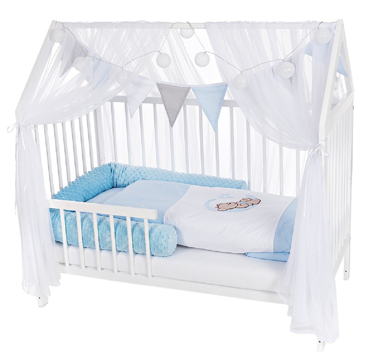 Babyhafen Hausbett Kinderbett 60x120 Rausfallschutz Umbaubar Teddy blau (Set, Komplettbettset), Komplettbettset von Babyhafen