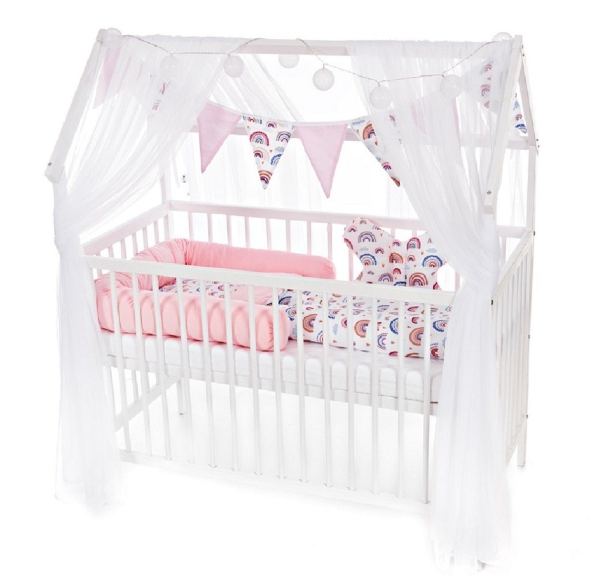 Babyhafen Kinderbett Baby Hausbett 120x60 Matratze Babybett Bettset Regenbogen (Set), Baumwolle & Samt von Babyhafen