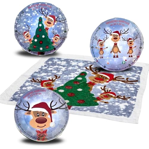 Bada Bing 3er Set Magisches Handtuch Rentier Rudolph - Zaubertuch aus Baumwolle in ca. 30x30 cm - Waschlappen mit Lasche zum Aufhänge - Geschenk für Weihnachten Adventskalender Nikolaus von Bada Bing