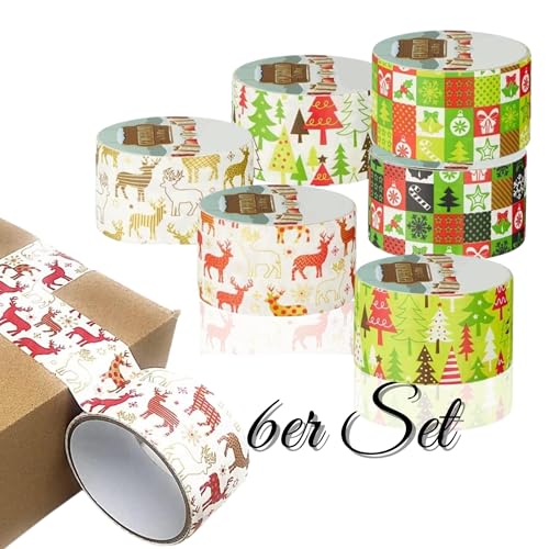 Bada Bing 6er Set Gewebeband bunt für Weihnachten Klebeband mit Weihnachtsmotiv Paketband stabiles Washi Tape 4,8 cm breit zum Basteln, Kleben, Geschenke verpacken für Kinder geeignet 65 von Bada Bing