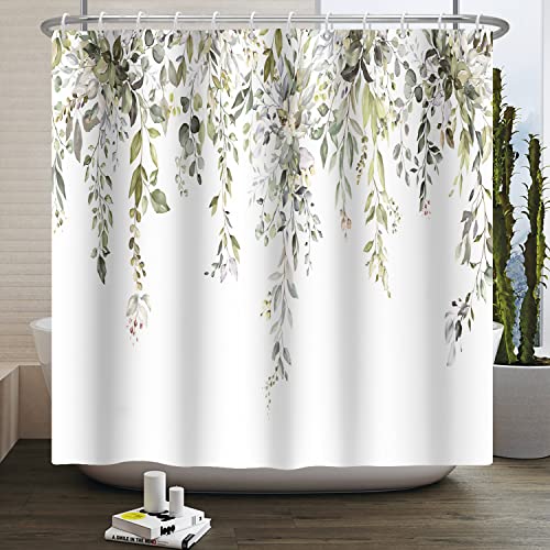 Baiyiguiyi Pflanzen Duschvorhang, Eukalyptus-Grüner Blatt Duschvorhang Aquarell Grüner Botanischer Blume Duschvorhang, Polyester Wasserdicht Badezimmer Dekoration Set mit Haken 165x180cm von Baiyiguiyi